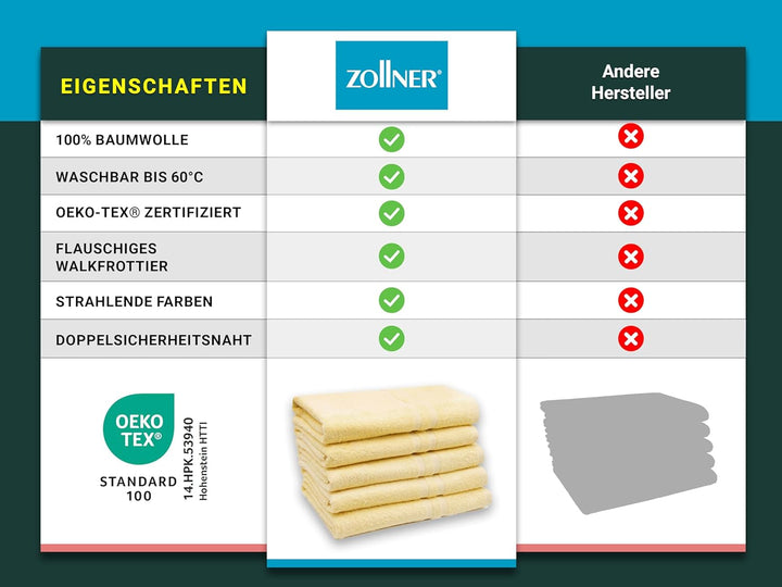ZOLLNER 5er Set Duschtücher, Badehandtücher, 70x140 cm, Baumwolle, gelb 5er Set Gelb, 5er Set Gelb