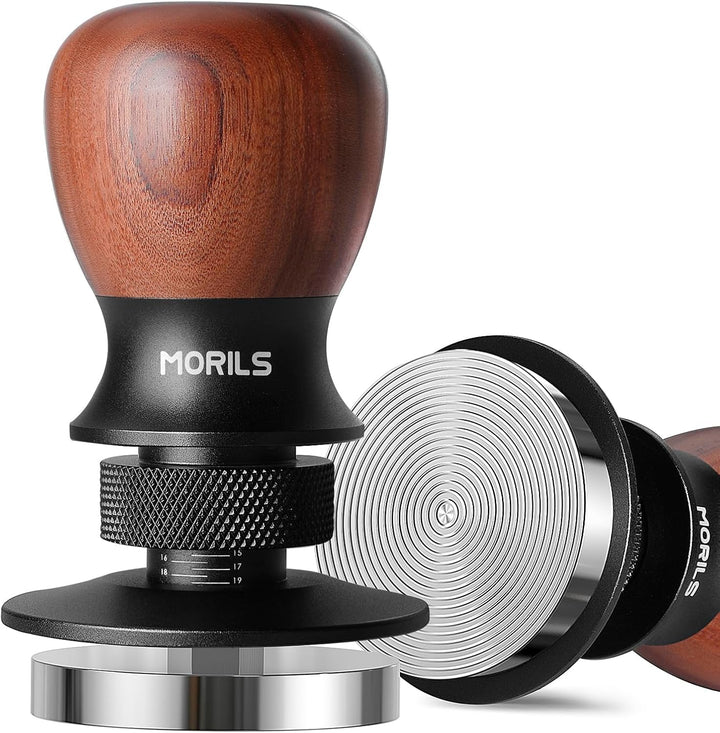 MORILS Kaffee Tamper 53.3mm, Nussholz Espresso Tamper, einstellbare Tiefe, Edelstahl Basis Tamper Pa