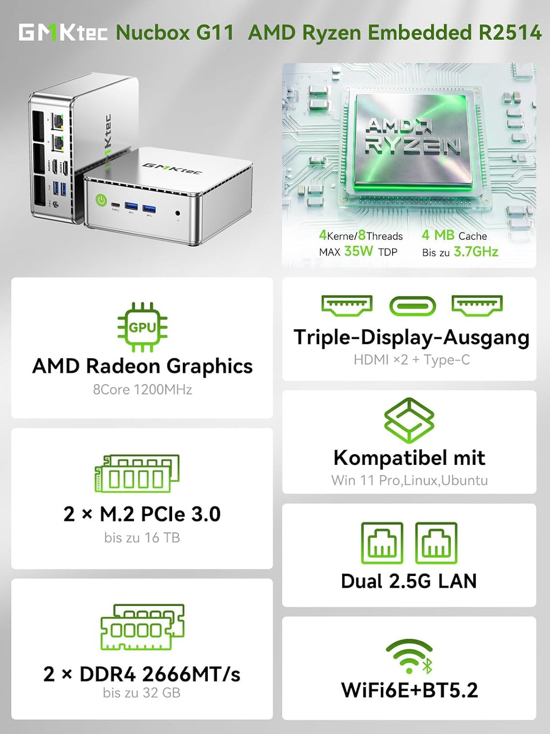 GMKtec G3S N95 Mini PC Intel 3.4GHz, 3 Jahre Produktschutz, 16GB DDR4 + RAM 512GB SSD, Mini Computer
