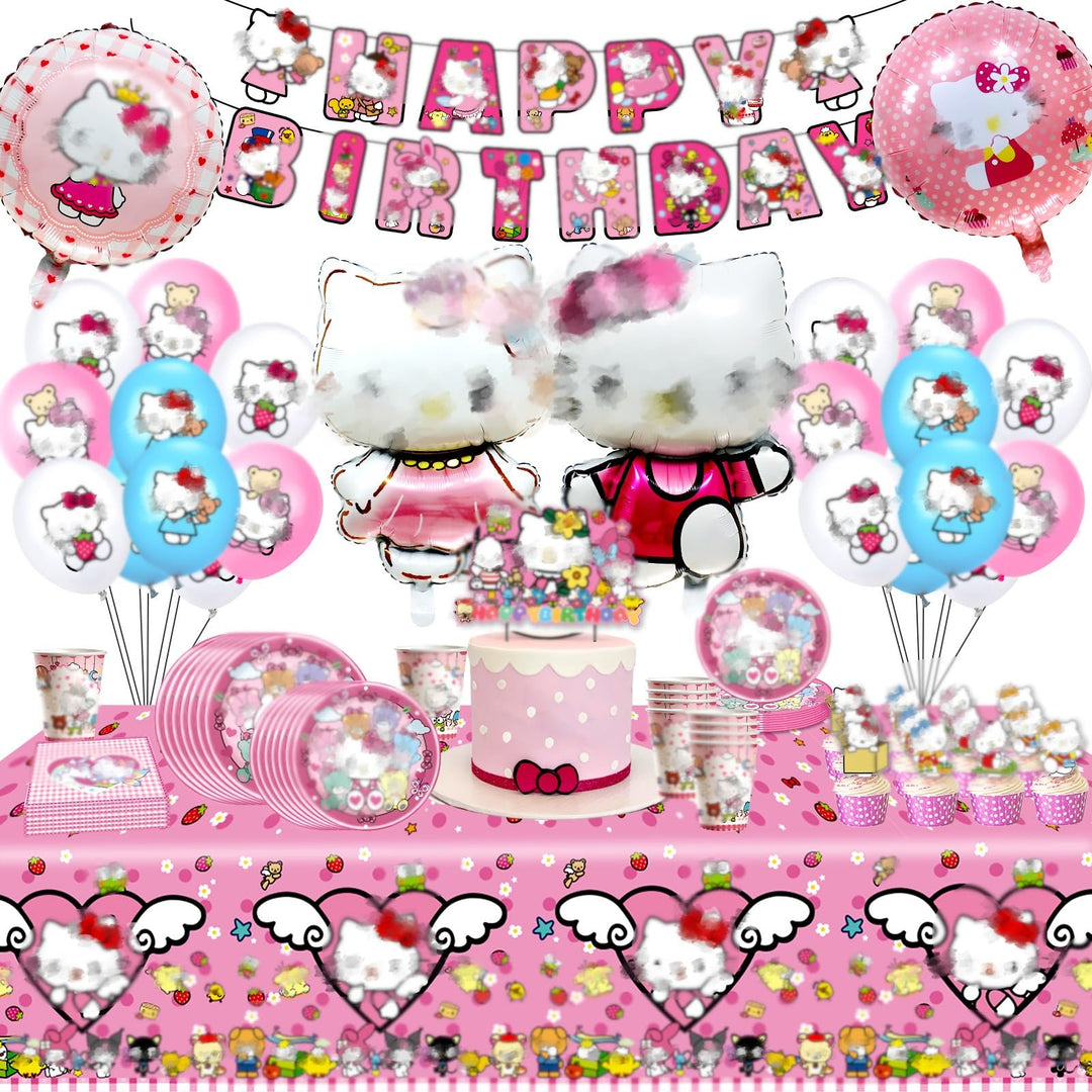 Katzen Luftballons Geburtstagsdeko, 99PCS Pink Partygeschirr Set Deko Geburtstag Pappteller Kinderge