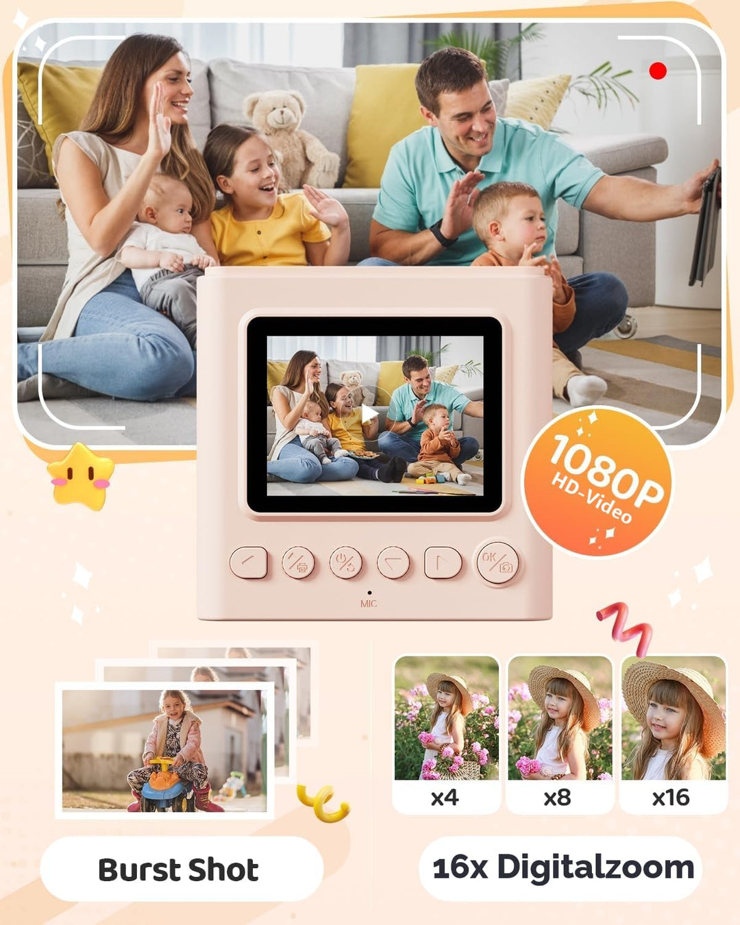 Kinderkamera Sofortbildkamera, 2,4 Zoll Sofortbildkamera Kinder mit 32G Karte und Fotopapier Drucken
