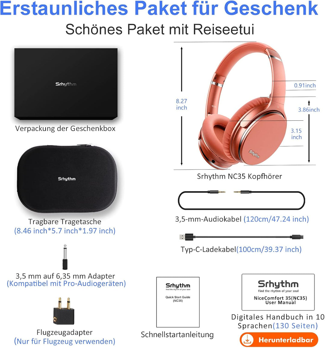 Srhythm NC35 Active Noise Cancelling Kopfhörer,Faltbar,Kabellos,Bluetooth 5.0,Over-Ear mit USB-C Sch
