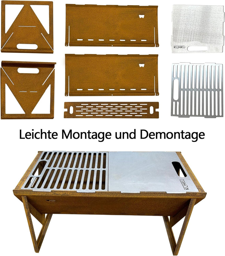 Köhko Picknickgrill „Party Time“— Tischgrill aus Cortenstahl, tragbarer Grillofen mit Grillplatte un