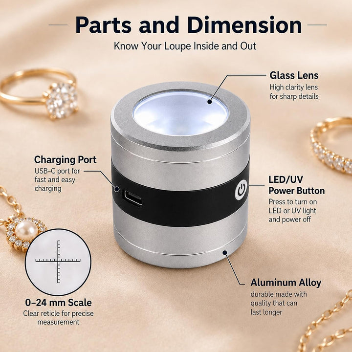 10X Juwelierlupe mit LED- und UV-Licht, metrischer Skala, USB-LED-Ladeanzeige. Ideal für Schmuck, Te