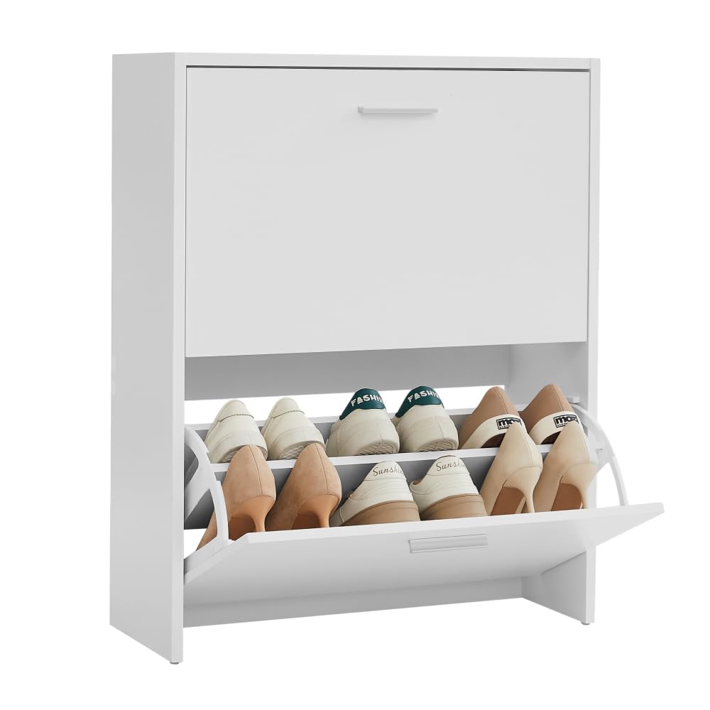 CASABEL Schuhschrank Schmal für 12 Paar Schuhe, Modernes Schuregal Holz mit 2 Klappen, Platzsparende