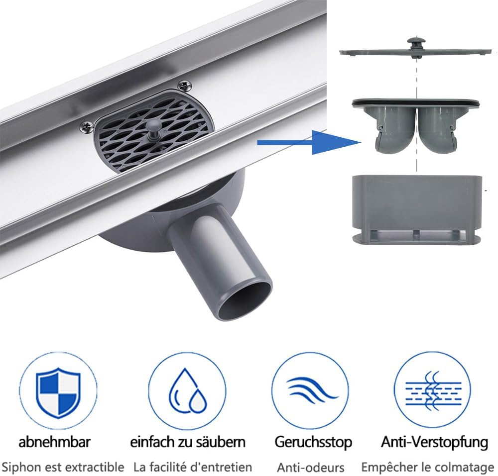 Duschrinne 110 cm Befliesbar 360 Grad Edelstahl komplettset Duschablauf Extra Flach Siphon mit Geruc