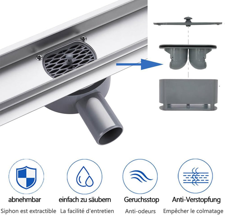 Duschrinne 110 cm Befliesbar 360 Grad Edelstahl komplettset Duschablauf Extra Flach Siphon mit Geruc