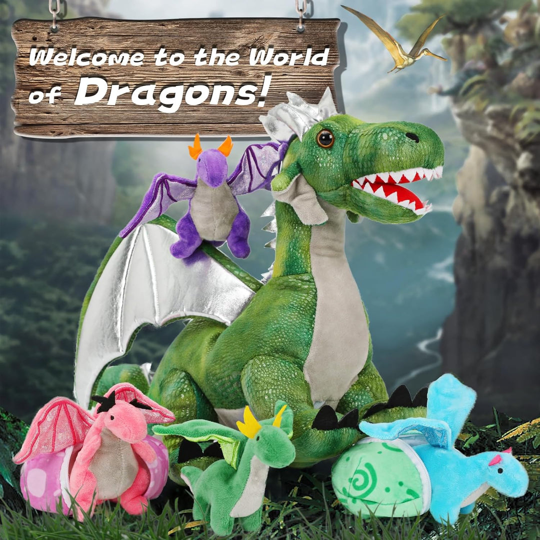 MorisMos 55cm Stehend Drache Kuscheltier mit Baby im Bauch, Grün Gross Plüschdrache Kuscheltiere XXL