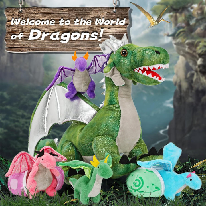 MorisMos 55cm Stehend Drache Kuscheltier mit Baby im Bauch, Grün Gross Plüschdrache Kuscheltiere XXL
