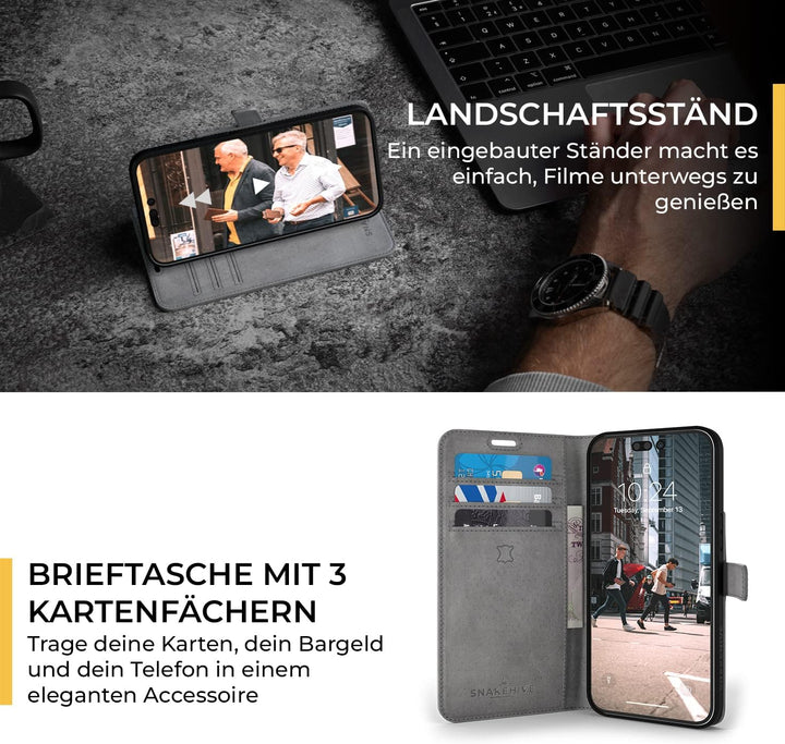 Snakehive Lederhülle für iPhone 14 | Stylische Handyhülle mit Kartenhalter & Standfuss | Handyhülle
