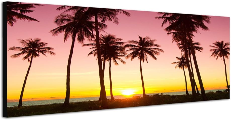 Panoramabild auf Leinwand und Keilrahmen 120x40cm Meer Strand Palmen Sonnenuntergang