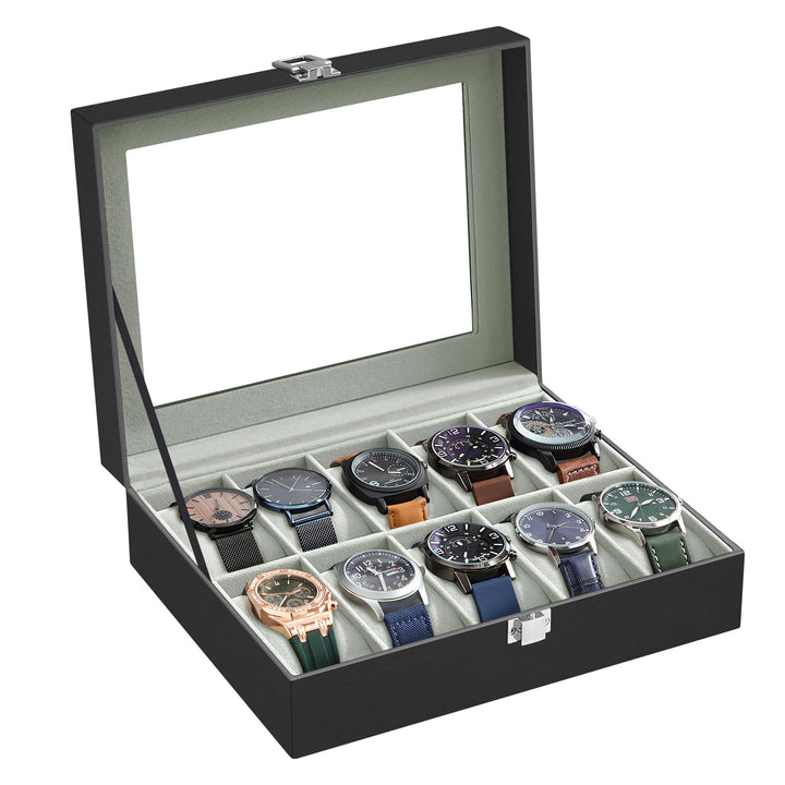 SONGMICS Uhrenbox mit 10 Fächern, Uhrenkasten mit Glasdeckel, Uhrenkoffer mit Herausnehmbaren Uhrenk