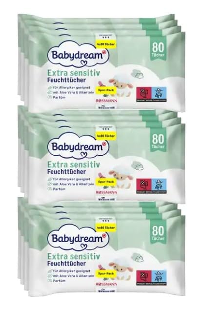Babydream extra sensitive Feuchttücher 960 Stück 12x80 Tücher ohne Pafüm, mit Aloe Vera & Allantion,