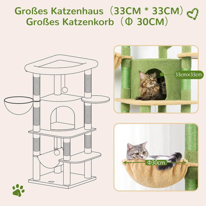 Globlazer Kratzbaum Ecke Kaktus Grün, Eckkratzbaum Stabil hoch 130 cm mit Gross Katzenhaus Sektor Ge