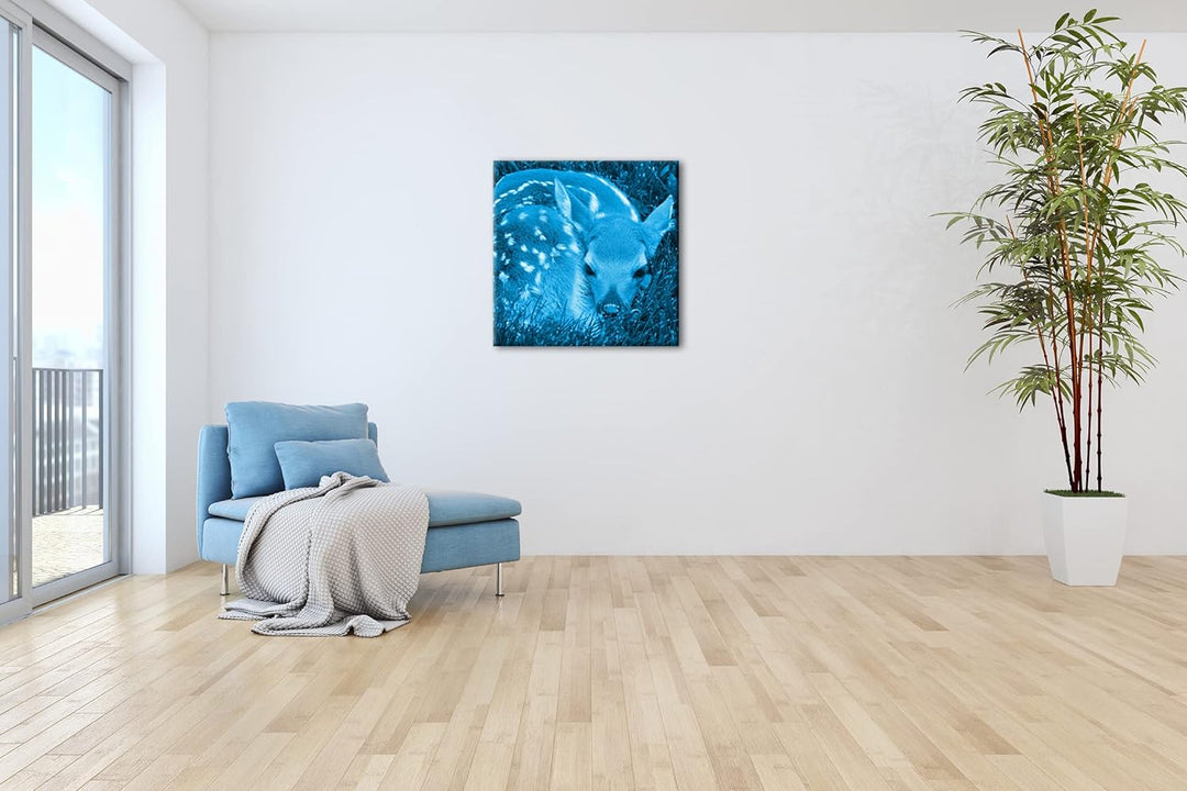 deyoli goldiges Rehkitz im hohen Gras Format: 70x70 Effekt: Monocrome Blau als Leinwandbild, Motiv f