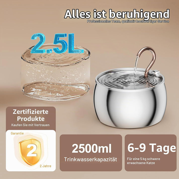 Katzenbrunnen Edelstahl, 2,5L/84oz Gänsehals Trinkbrunnen für Katze, Wasserbrunnen für Katzen mit 1