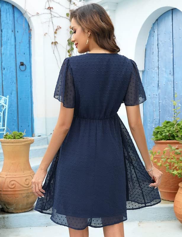 Clearlove Damen Schwangerschaftskleid aus Schweizer Pünktchen-Chiffon mit kurzen Ärmeln für den Somm