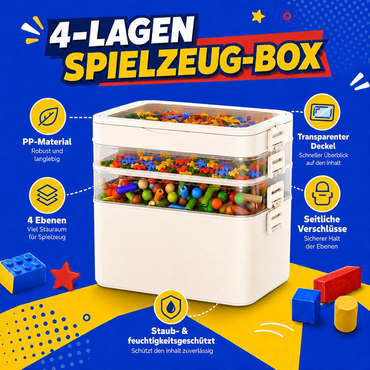 Spielzeug Aufbewahrung 4 Ebenen aus PP, Spielzeugkiste mit Deckel, Spielzeugbox mit Deckel, Aufbewah