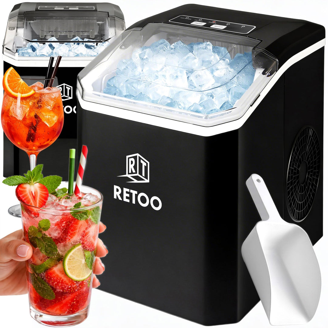 Retoo Eiswürfelmaschine 12 kg/24h, 9 Eiswürfel/6–12 Min | Selbstreinigung, 1,5 l , 2 Eisgrössen, Dis