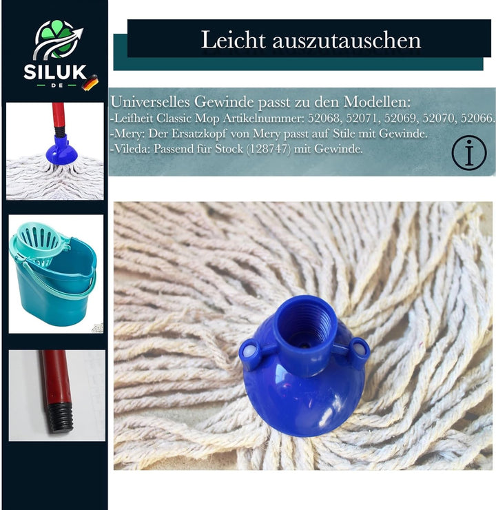 6 x Ersatzkopf für Leifheit Classic Mopp für Alle Flecken Entfernen Boden (Baumwoll_Schnüren), Baumw