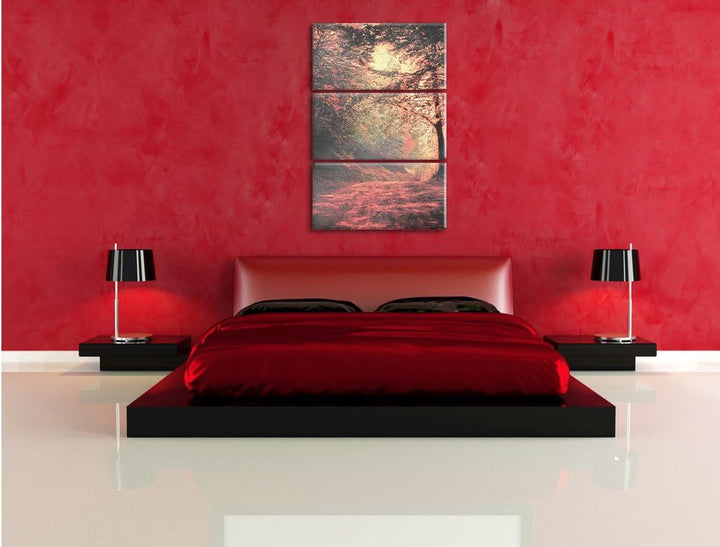 Pixxprint traumhafte Waldstrasse im Herbst / 3-Teilig/Gesamtmass 120cm Leinwandbild bespannt auf Hol