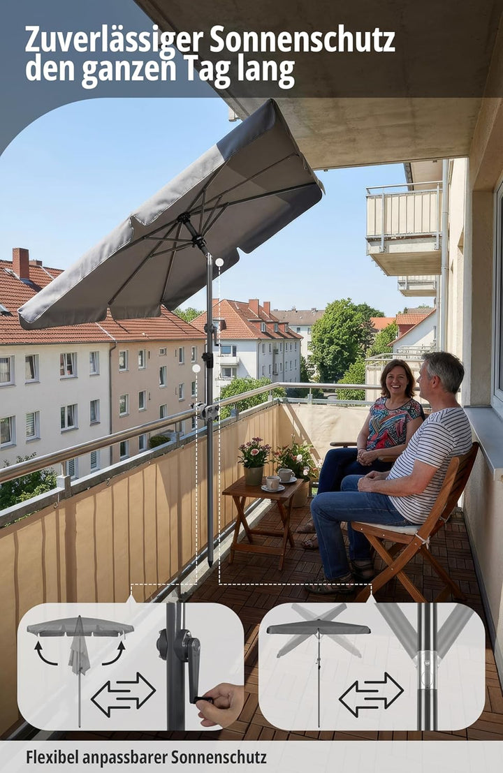 4smile Sonnenschirm Balkon mit Kurbel, Sonnenschirm rechteckig 210x140 cm, Sonnenschutz Balkon mit U