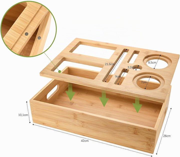 DE-COmmerce Bambus Couchbar, Schalen aus Edelstahl, Abnehmbarer Deckel, Snackbox, Sofatablett, Organ