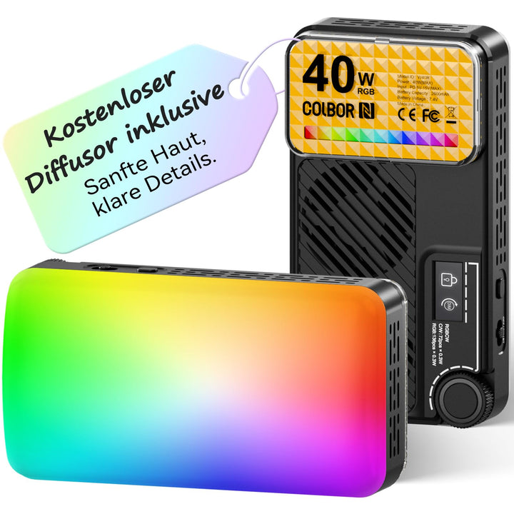 Moman Kleines LED-Kameralicht 40W, Full RGB Videoleuchten mit Diffusor, APP-Steuerung, 2500-9000K, C