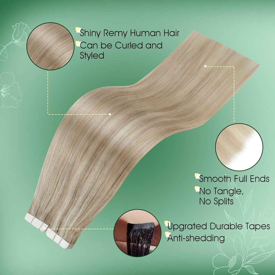 RUNATURE 55cm Tape Extensions Echthaar Blond Invisible Tape in Extensions Echthaar 20 Stück 50g Unsi