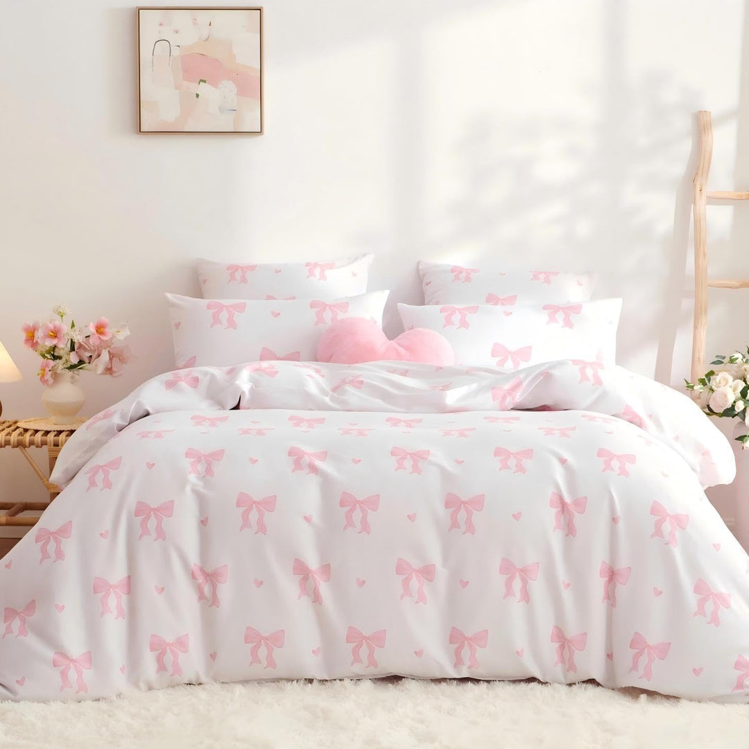 Tospass Schleife Bettwäsche 135x200cm Beige Rosa Schleifen Mädchen Wendebettwäsche-Set Deckenbezug F