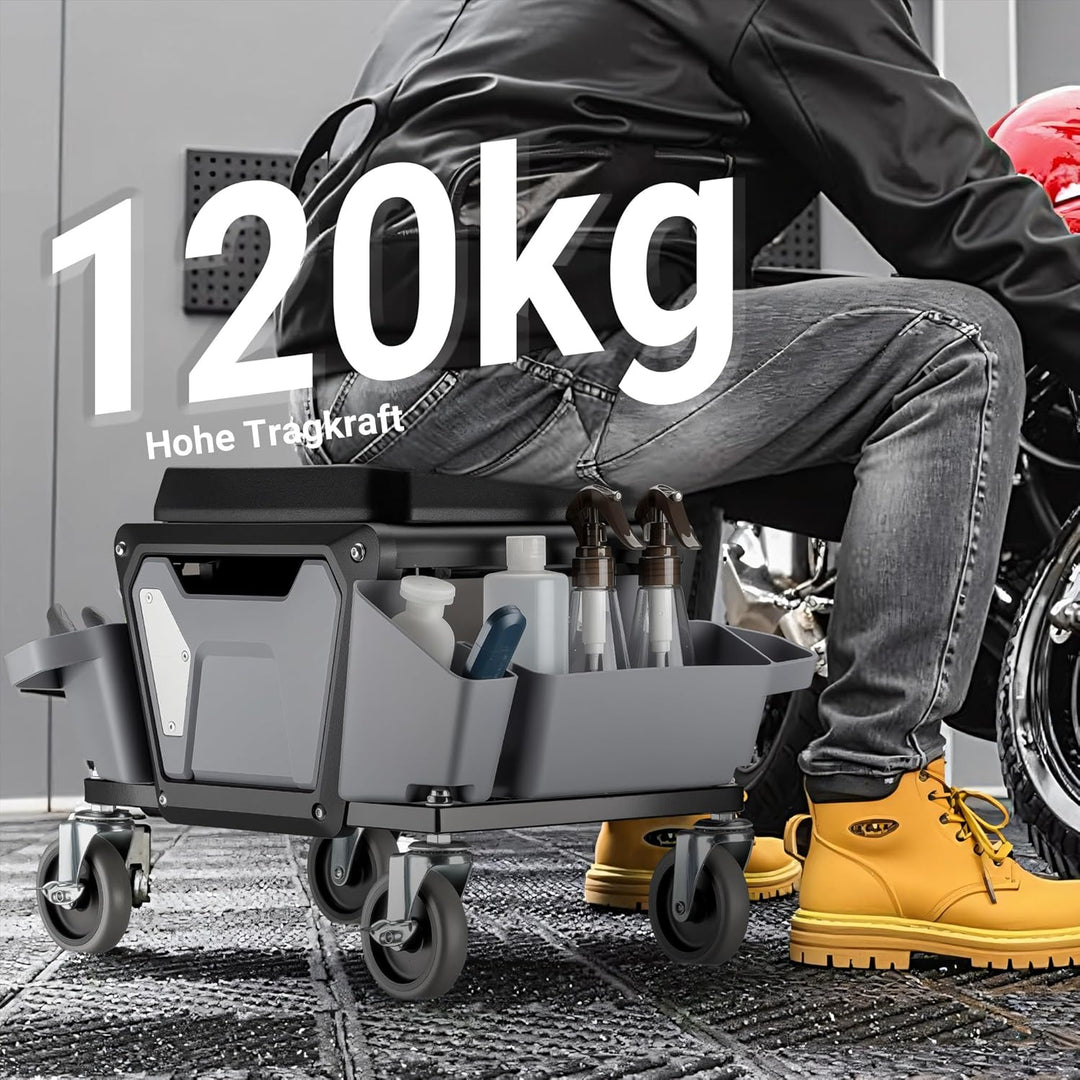 Wiltec Rollsitz 53 x 38 x 38 cm bis 120 kg, Werkstatthocker mit Rollen, Rollhocker mit Werkzeugablag