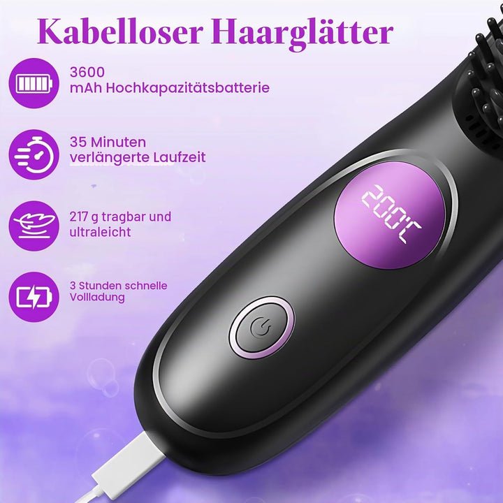 Tragbarer Stylingbürste, Stylingbürste für Kurze Haare, Glättbürste Kabellos mit 3 Temperaturen Vers