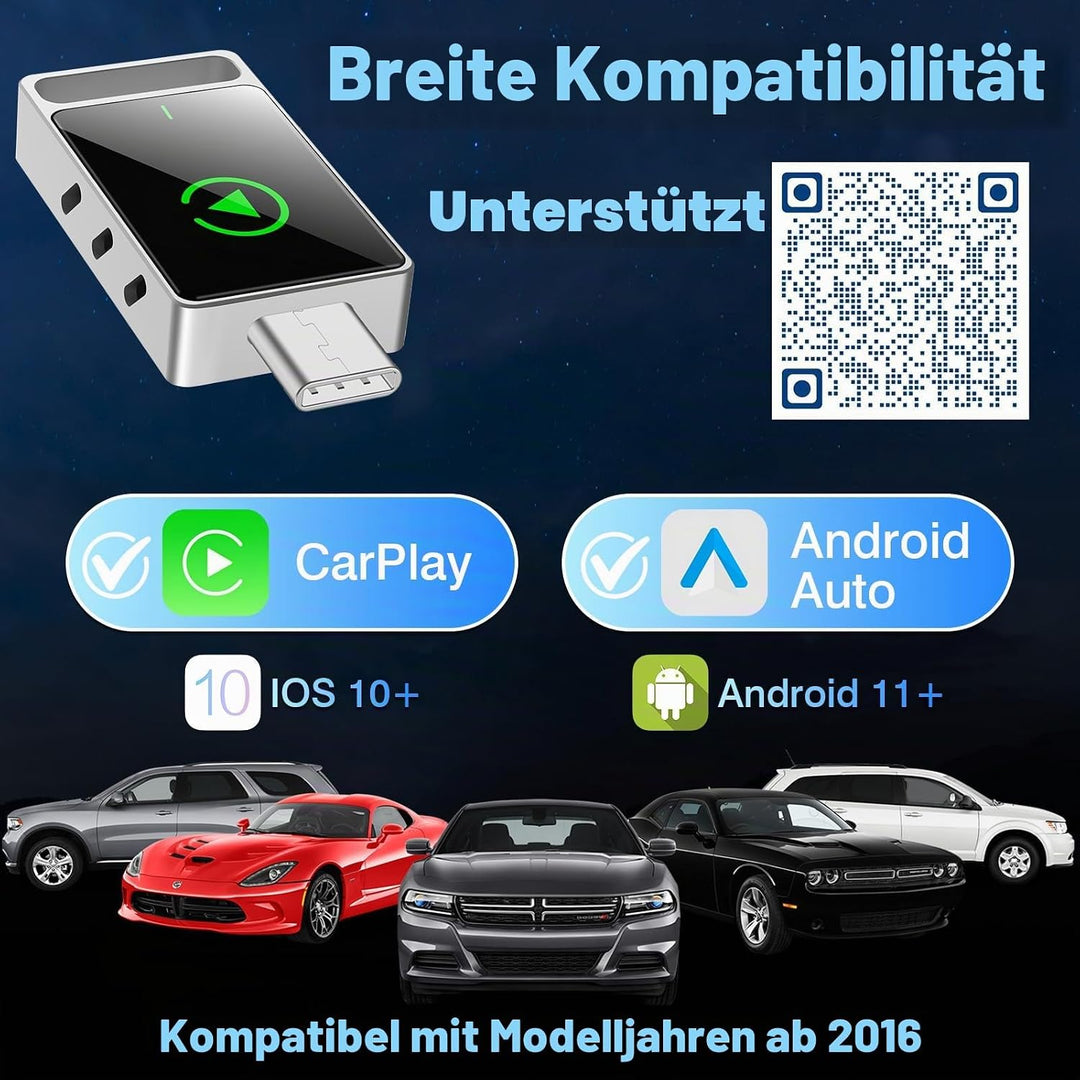 2-in-1 Wireless Carplay Adapter, Android Auto &amp; Carplay Wireless Adapter, USB C, Plug &amp; Play, kompat