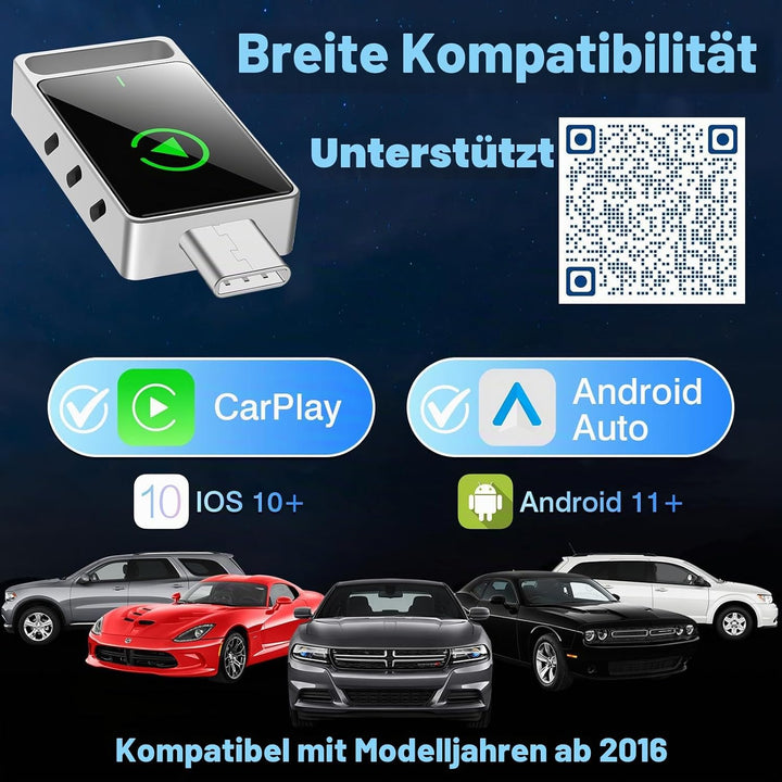 2-in-1 Wireless Carplay Adapter, Android Auto &amp; Carplay Wireless Adapter, USB C, Plug &amp; Play, kompat
