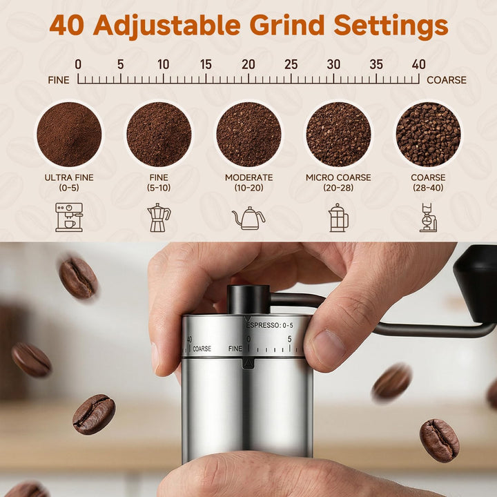 Kaffeemühle manuell aus Edelstahl, 40 Mahlstufen Handkaffeemühle kompakte Kaffeemühle für für Aeropr