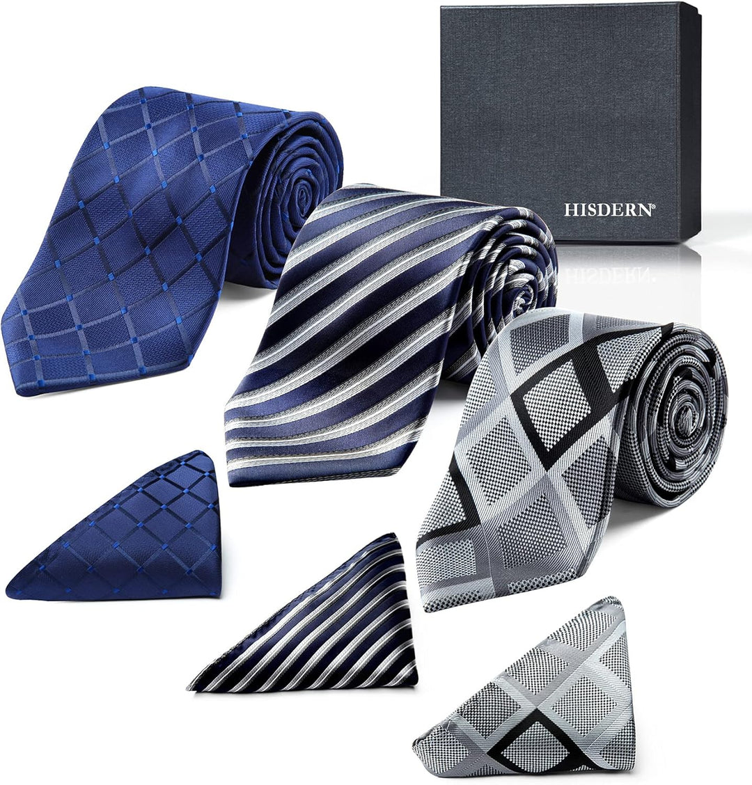 HISDERN Los 3 Stck Herren Krawatte Klassisch Elegante Krawatten und Einstecktuch Seidenkrawatte Set