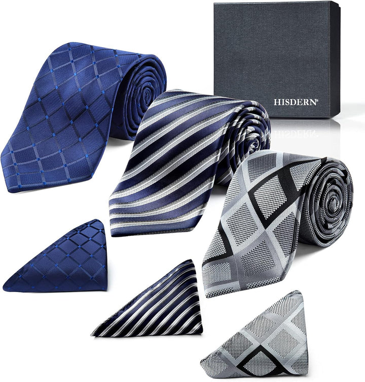 HISDERN Los 3 Stck Herren Krawatte Klassisch Elegante Krawatten und Einstecktuch Seidenkrawatte Set