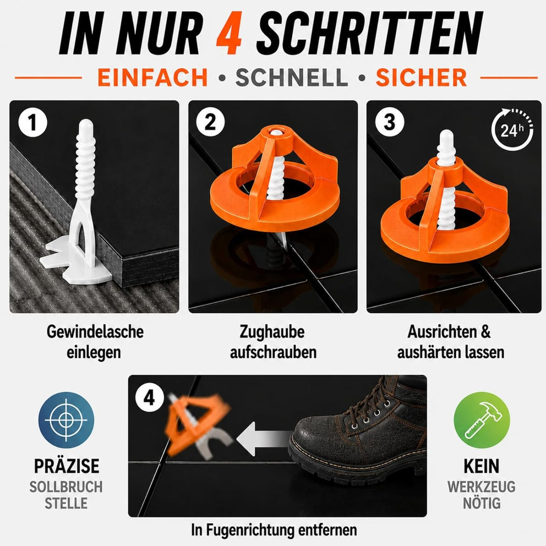 CRAFOX® Fliesen Nivelliersystem 1mm SET | 250 tlg | Fliesenleger Set 100x Gewindelaschen & 100x Zugh
