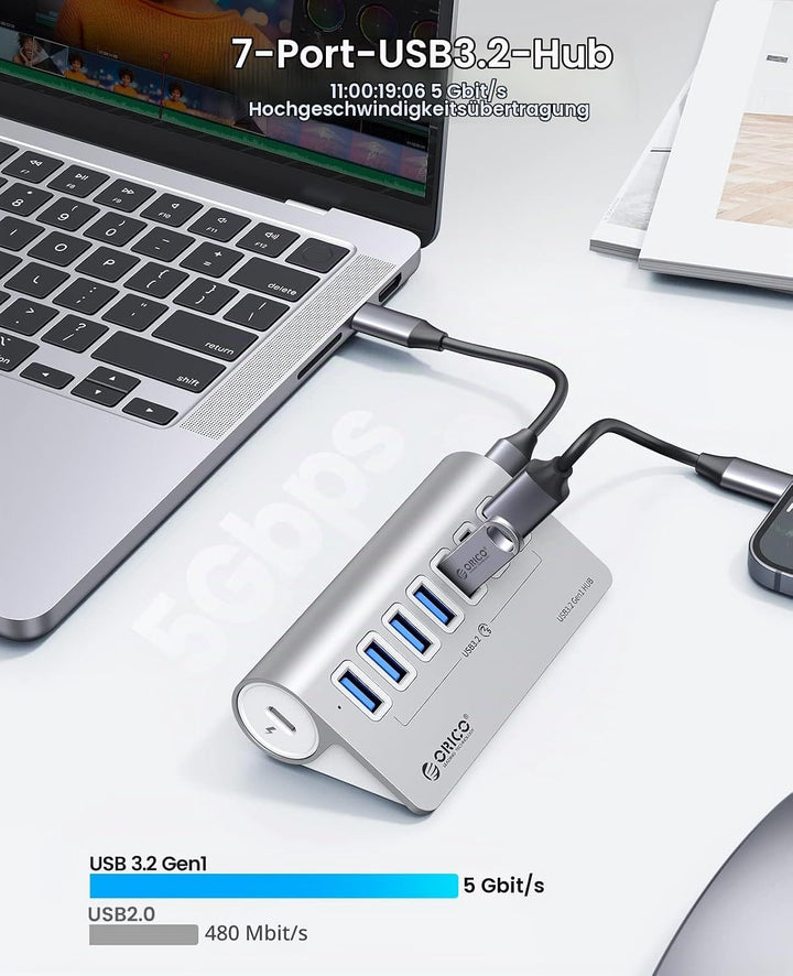 ORICO USB C Hub, 7-Port Aluminium USB Splitter, 5Gbps USB Hub mit 0.5m USB C Kabel und USB A Adapter
