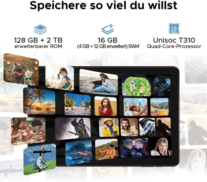 T10W Android 15 Tablet 10 Zoll 16GB RAM +128GB ROM (2TB TF) 2025 Neueste Tablet mit SIM Card Slot, 8