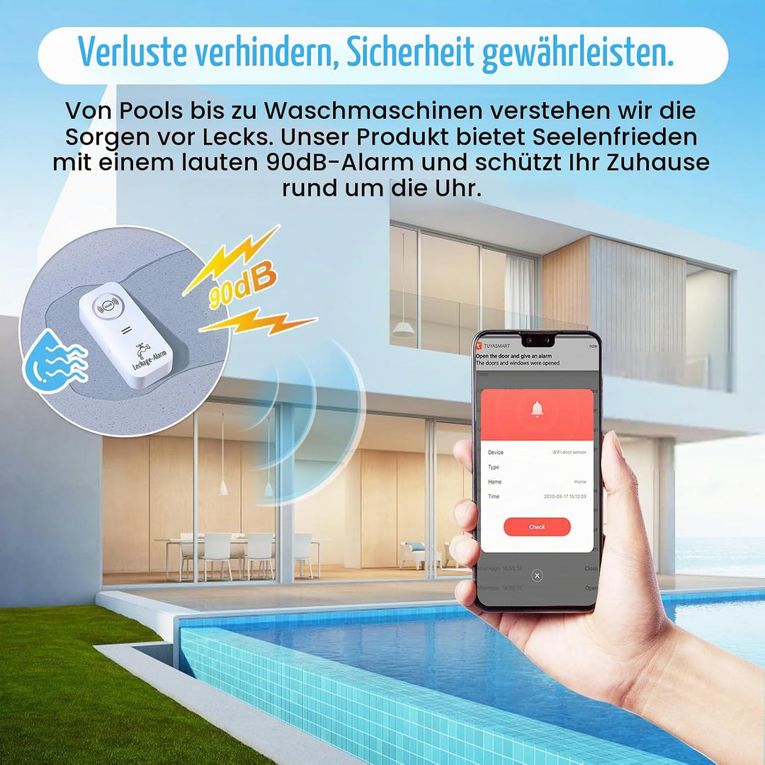 Wassermelder WLAN (2,4 G WiFi), 90 dB WiFi Wassermelder Wasseralarm und App Alarm, Wassersensor Alar