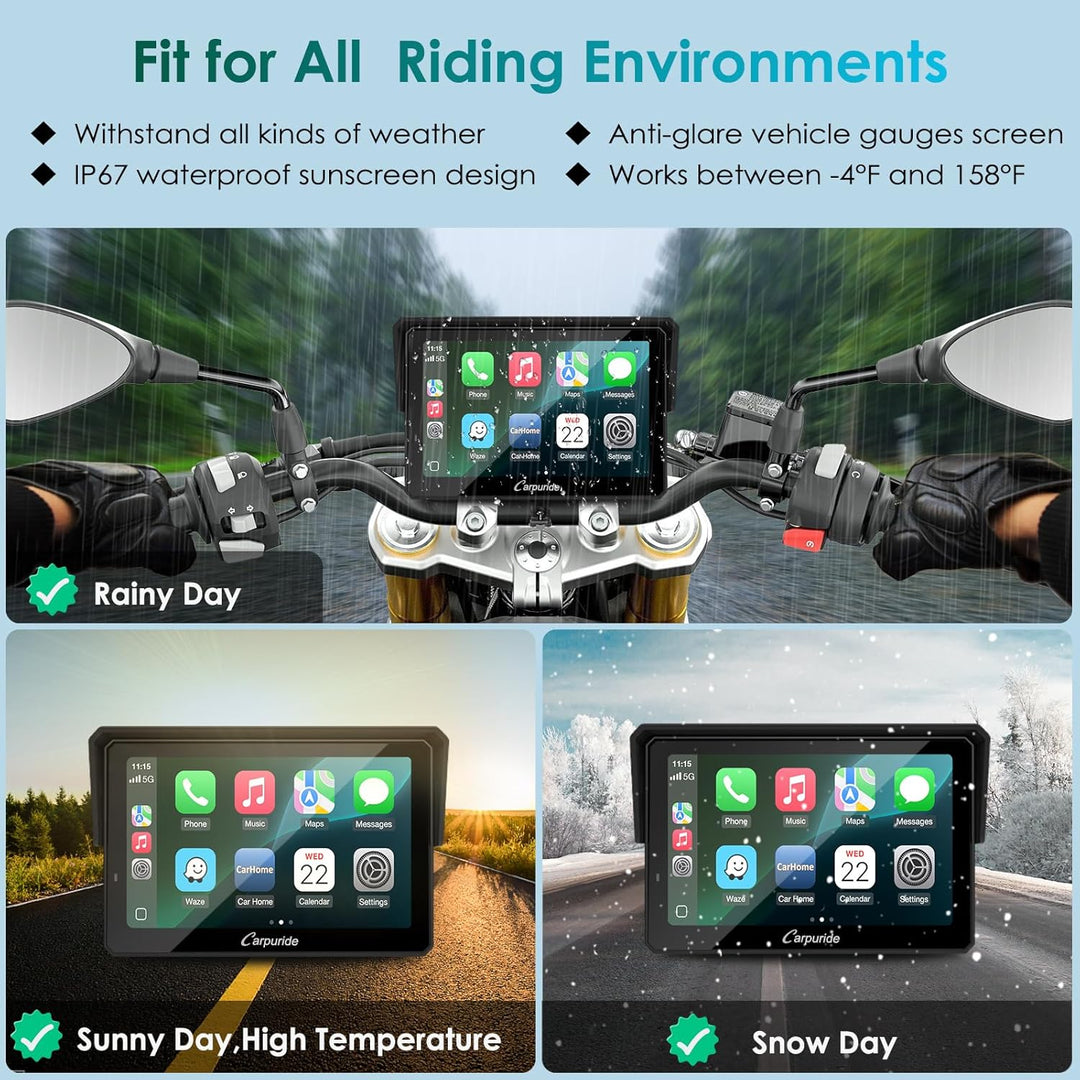 Carpuride W502S PRO Motorrad-GPS, kabelloses Carplay/Android Auto, Wasserdichter 5-Zoll-Motorrad-Tou