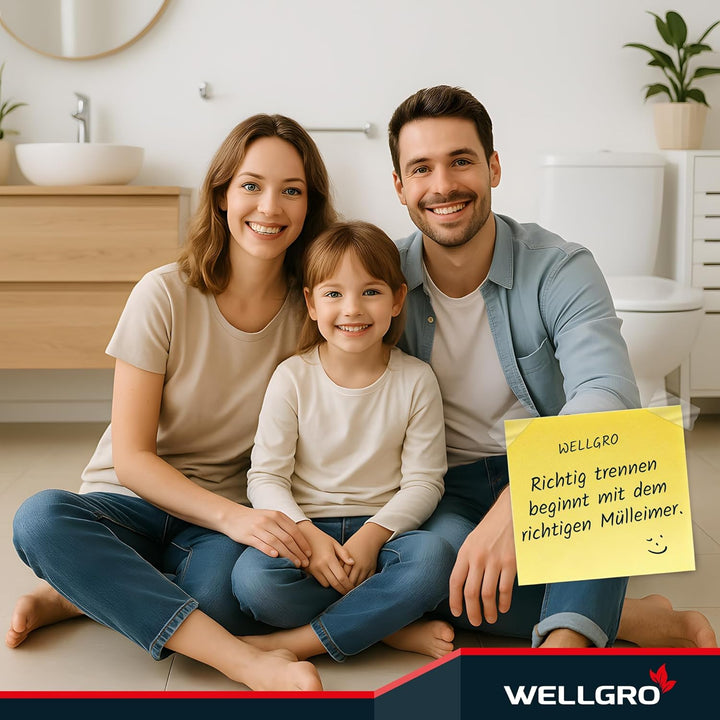 WELLGRO Treteimer, Mülleimer, Edelstahl Tretmülleimer mit 3 x 15 Liter, klappbaren Fusspedalen, Abse