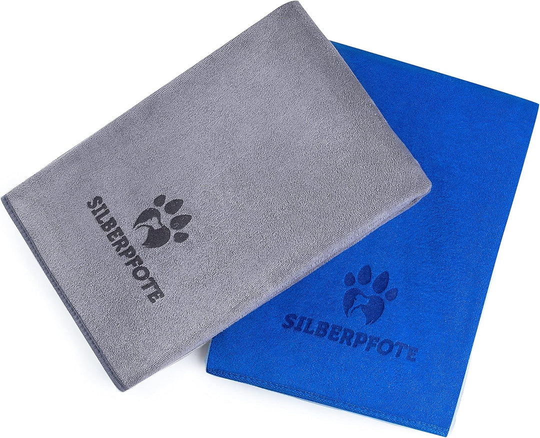 Silberpfote® Hundehandtuch Set - 2er Pack – Weich, Waschbar und Saugfähig - 130x75cm, Blau & Grau -