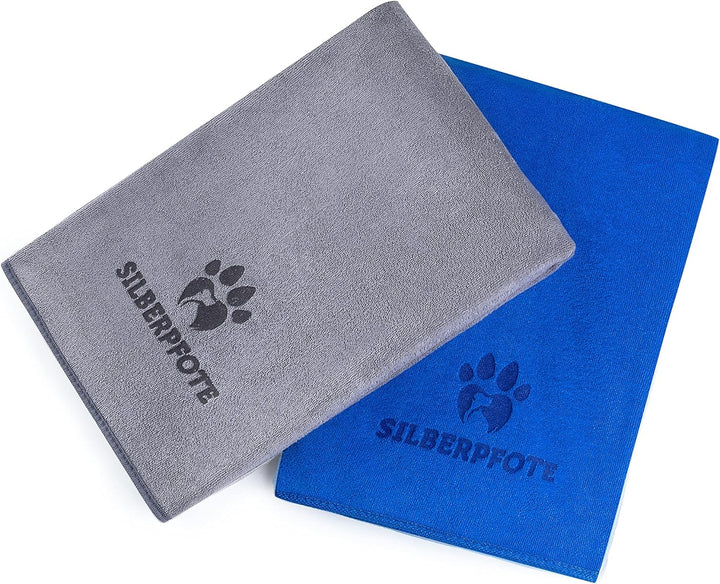 Silberpfote® Hundehandtuch Set - 2er Pack – Weich, Waschbar und Saugfähig - 130x75cm, Blau & Grau -