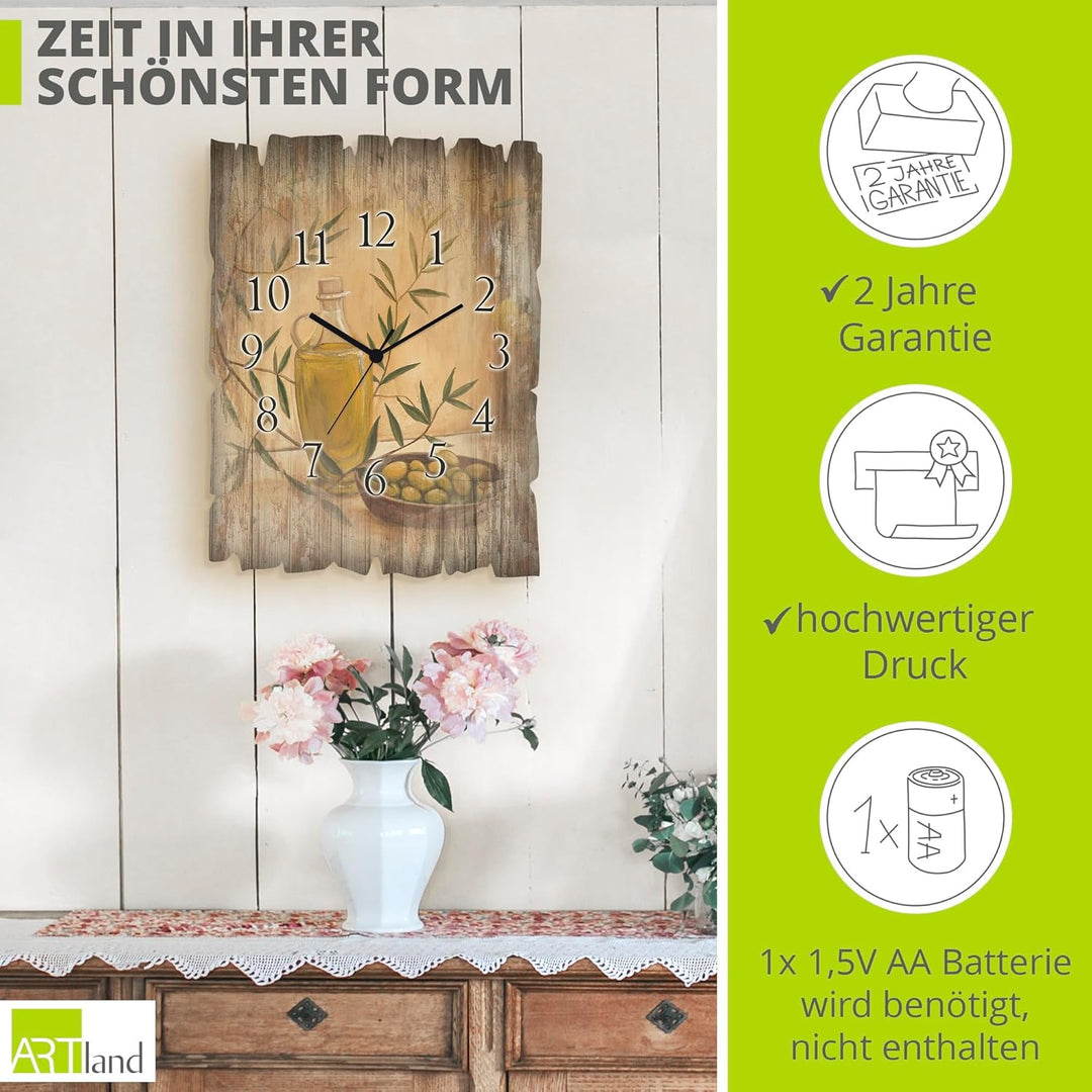 ARTLAND Wanddeko Wanduhr ohne Tickgeräusche aus Holz Funk Uhr 30x40 cm Rechteckig Lautlos Stillleben