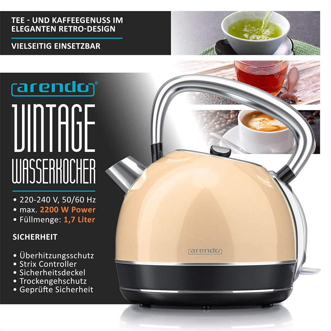 Arendo - Wasserkocher Retro Edelstahl Teekessel im Vintage Style - max. 2200 Watt - austauschbarer K