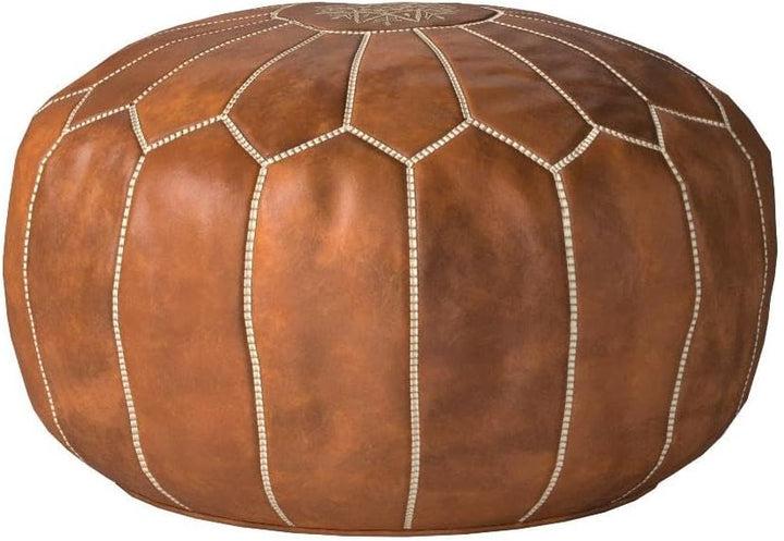Marokkanischer Echtleder Pouf - Cognac Braun - Handgefertigt - gefüllt geliefert - Ottoman Sitzsack