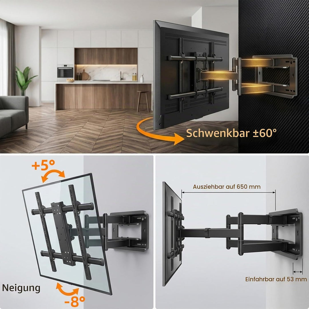85 90 98 TV Wandhalterung Schwenkbar für 55-100 Zoll Fernseher Ultra Slim 53mm Wandabstand, Neigbar