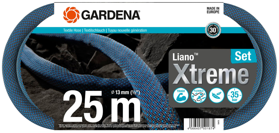 Gardena Liano Xtreme 1/2 Zoll, 25m Set: Extrem robuster Gartenschlauch aus Textilgewebe, mit PVC-Inn